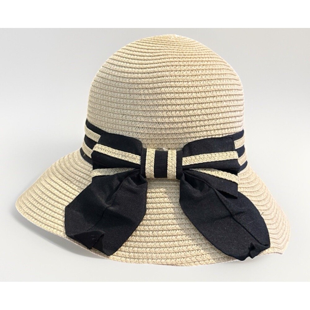 Comhats Straw Sun Hat Womens Size L Natural Beige Black Ribbon and Bow